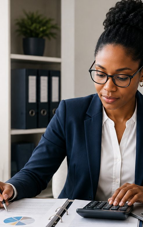 An accountant working through a ring binder of financial records with a calculator, in front of shelved document files.