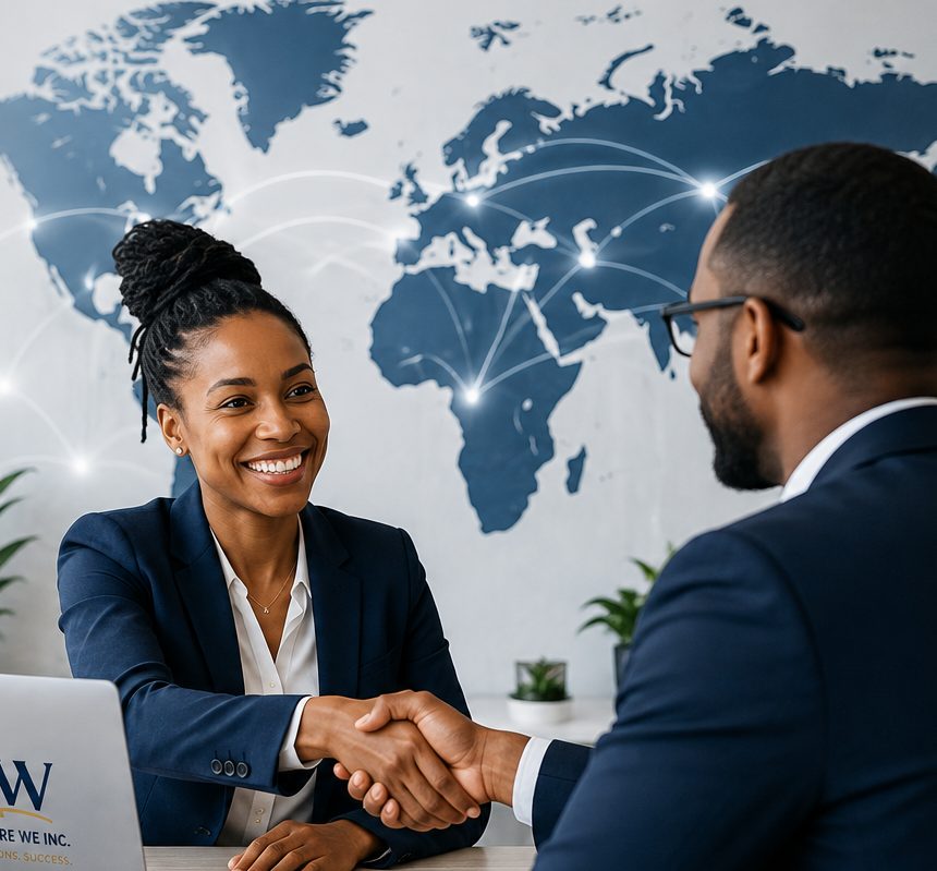 Two colleagues shaking hands across a desk in front of a world map marked with international connections.